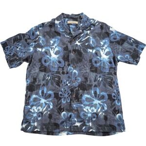 Tommy Bahama Silk Camp Shirt Mens L Blue Floral Batik Tropical Coastal Beachy